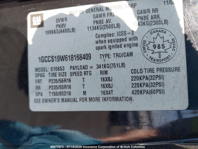 Aukcja sprzedaży 2001 Chevrolet , vin: 1GCCS19W618168409, numer aukcji: 40077673