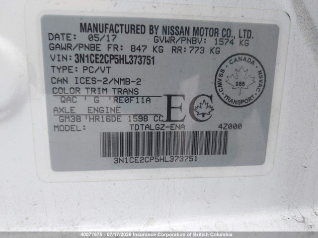Nissan Versa 2017 3N1CE2CP5HL373751 Image 9