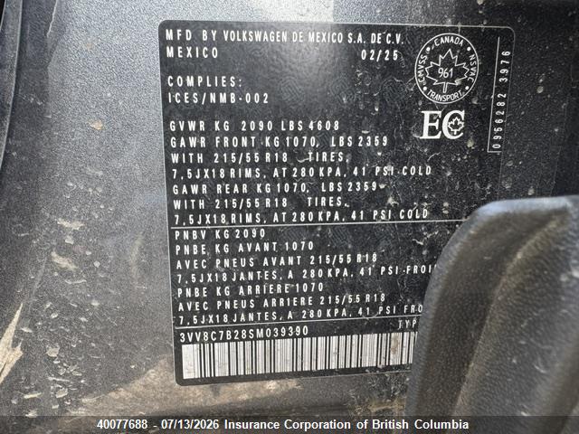 3VV8C7B28SM039390 Volkswagen Taos