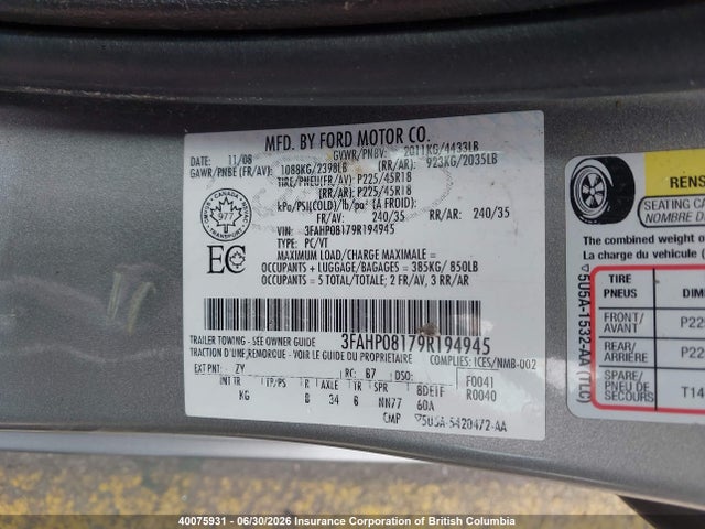 Aukcja sprzedaży 2009 Ford Fusion Sel, vin: 3FAHP08179R194945, numer aukcji: 40075931