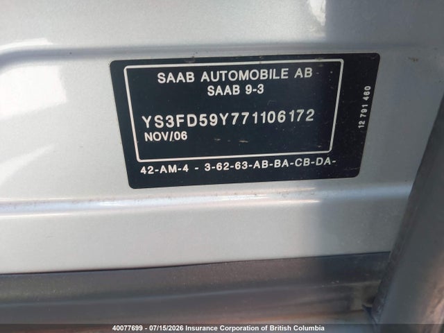 Продаж на аукціоні авто 2007 Saab 9-3 2.0t, vin: YS3FD59Y771106172, номер лоту: 40077699