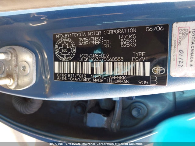 Продаж на аукціоні авто 2007 Toyota Yaris, vin: JTDKT923575060588, номер лоту: 40077708
