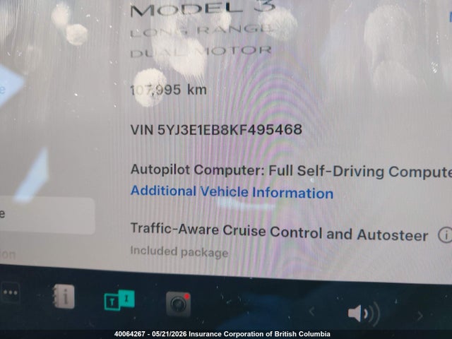2019 Tesla Model 3 მანქანა იყიდება აუქციონზე, vin: 5YJ3E1EB8KF495468, აუქციონის ნომერი: 40064267