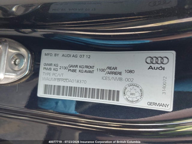 2013 Audi A5 მანქანა იყიდება აუქციონზე, vin: WAUMFBFR2DA018370, აუქციონის ნომერი: 40077719