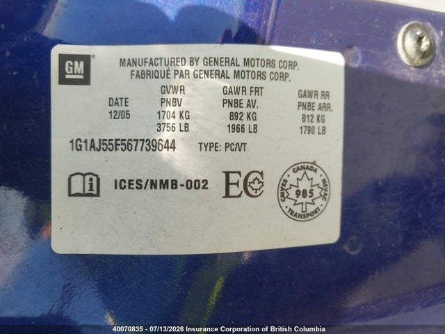 Продажа на аукционе авто 2006 Chevrolet Cobalt Ls, vin: 1G1AJ55F567739644, номер лота: 40070835