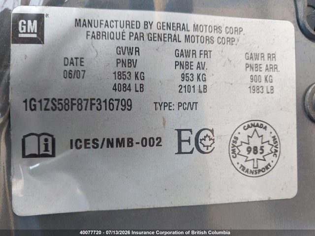 Aukcja sprzedaży 2007 Chevrolet Malibu Ls, vin: 1G1ZS58F87F316799, numer aukcji: 40077720