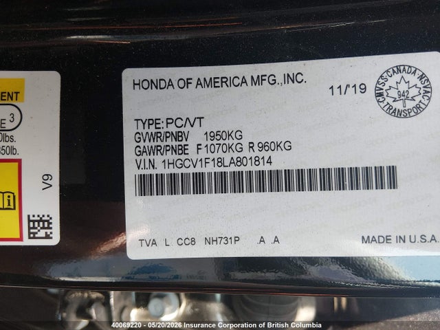 Продаж на аукціоні авто 2020 Honda Accord Lx, vin: 1HGCV1F18LA801814, номер лоту: 40069220