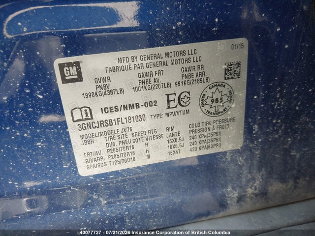 Aukcja sprzedaży 2015 Chevrolet Trax, vin: 3GNCJRSB1FL181030, numer aukcji: 40077727