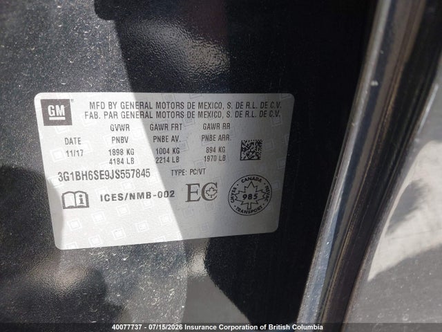 Aukcja sprzedaży 2018 Chevrolet Cruze, vin: 3G1BH6SE9JS557845, numer aukcji: 40077737