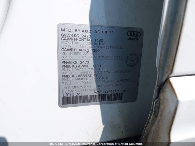 40077742 :رقم المزاد ، WA1LFCFP2CA039361 vin ، 2012 Audi Q5 مزاد بيع