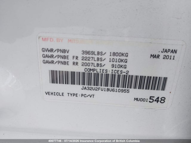 2011 Mitsubishi Lancer Se მანქანა იყიდება აუქციონზე, vin: JA32U2FU1BU610955, აუქციონის ნომერი: 40077746