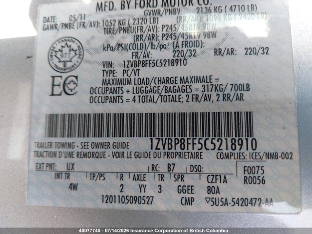 Продаж на аукціоні авто 2012 Ford Mustang Gt, vin: 1ZVBP8FF5C5218910, номер лоту: 40077748