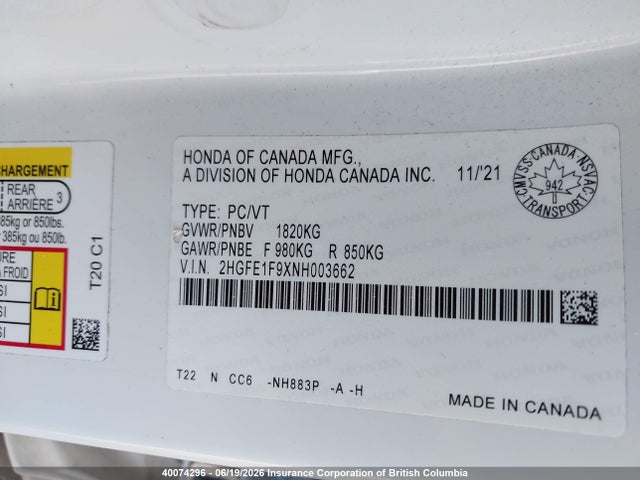 Продаж на аукціоні авто 2022 Honda Civic Touring, vin: 2HGFE1F9XNH003662, номер лоту: 40074296