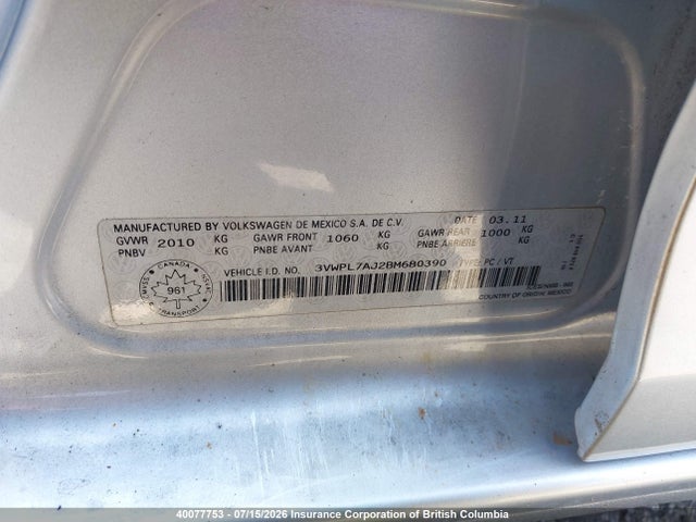 40077753 :رقم المزاد ، 3VWPL7AJ2BM680390 vin ، 2011 Volkswagen Golf مزاد بيع