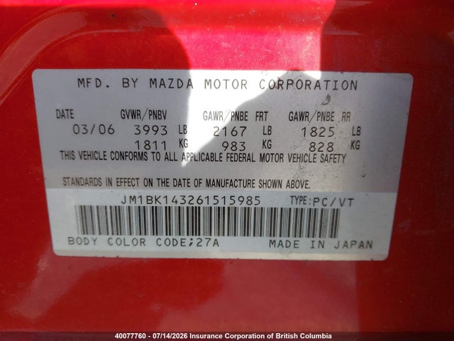 40077760 :رقم المزاد ، JM1BK143261515985 vin ، 2006 Mazda Mazda3 Gs/gt مزاد بيع