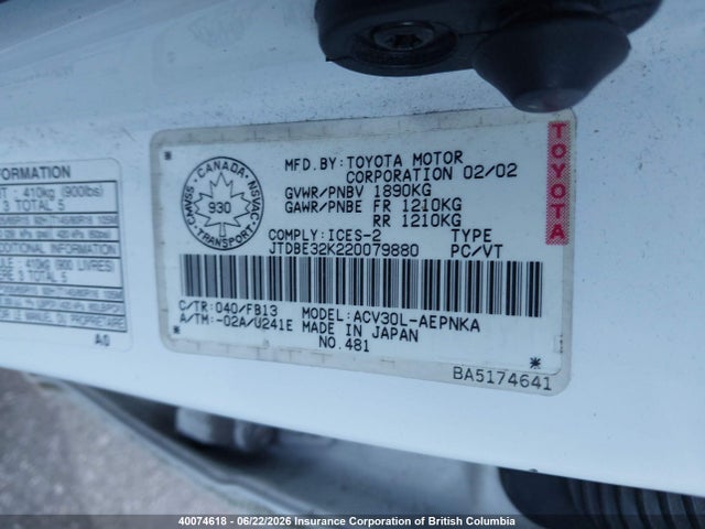 Aukcja sprzedaży 2002 Toyota Camry Le/xle/se, vin: JTDBE32K220079880, numer aukcji: 40074618