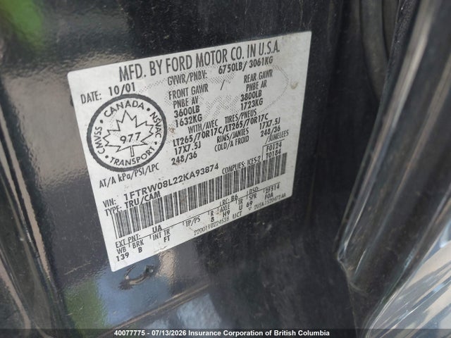 Продаж на аукціоні авто 2002 Ford F150, vin: 1FTRW08L22KA93874, номер лоту: 40077775