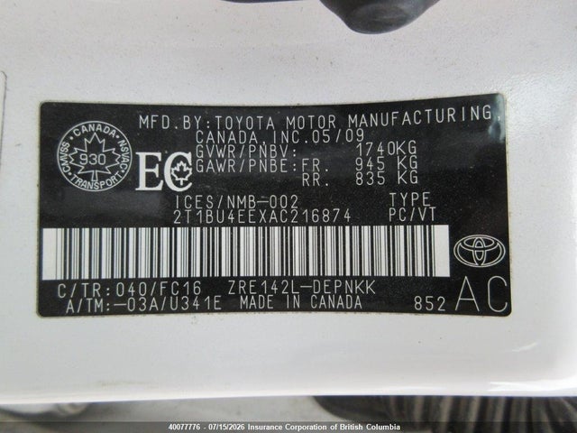 40077776 :رقم المزاد ، 2T1BU4EEXAC216874 vin ، 2010 Toyota Corolla S/le/xle مزاد بيع
