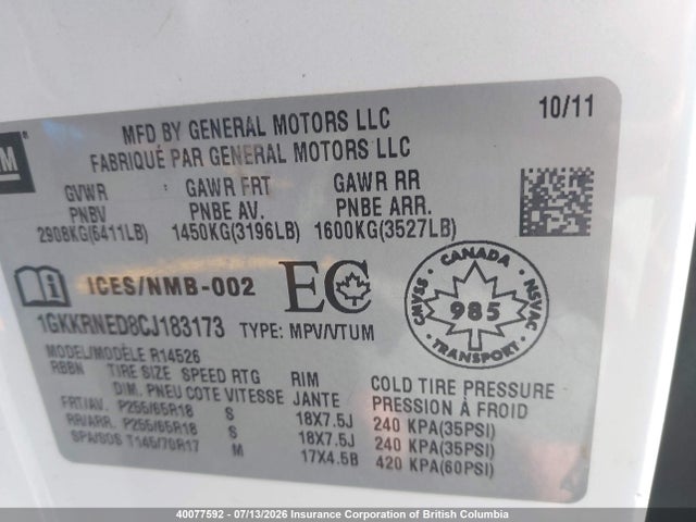 40077592 :رقم المزاد ، 1GKKRNED8CJ183173 vin ، 2012 Gmc Acadia Sle مزاد بيع