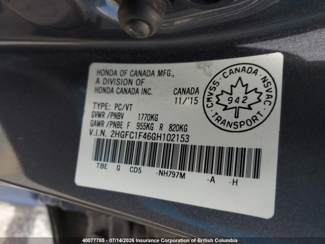 Honda Civic 2016 2HGFC1F46GH102153 Image 9