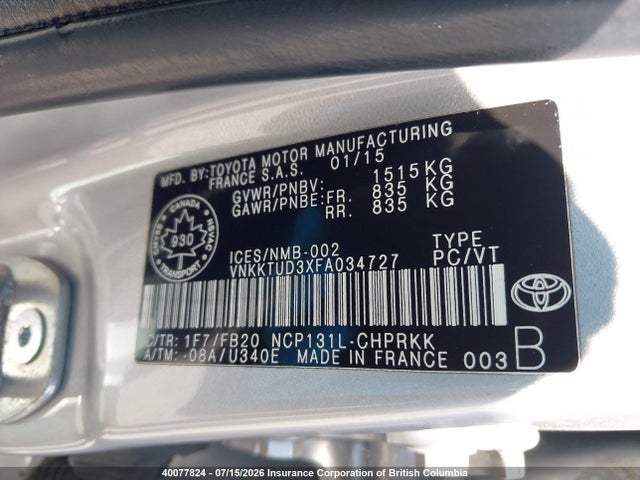 VNKKTUD3XFA034727 Toyota Yaris
