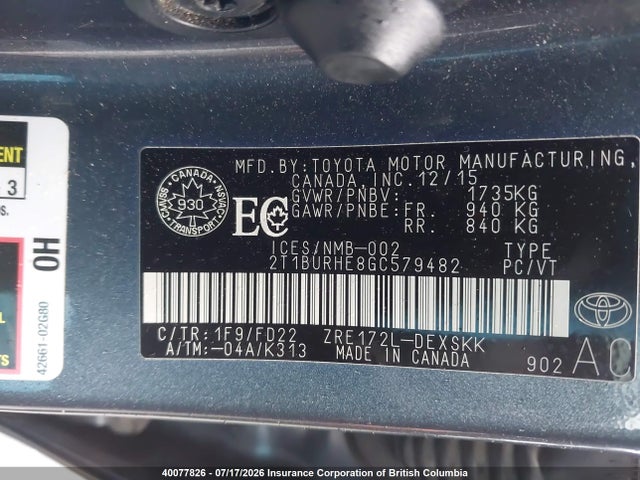 Продаж на аукціоні авто 2016 Toyota Corolla L/le/le Pls/prm/s/s Pls, vin: 2T1BURHE8GC579482, номер лоту: 40077826