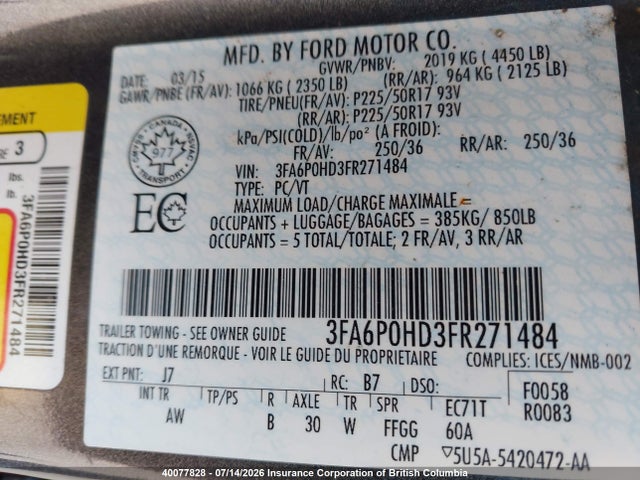 40077828 :رقم المزاد ، 3FA6P0HD3FR271484 vin ، 2015 Ford Fusion Se مزاد بيع