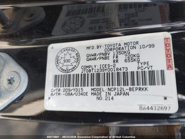 Продаж на аукціоні авто 2000 Toyota Echo, vin: JTDBT1239Y0018473, номер лоту: 40074861