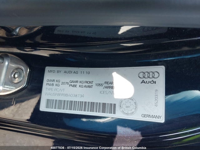 40077836 :رقم المزاد ، WAUSFBFR9BA038734 vin ، 2011 Audi A5 مزاد بيع