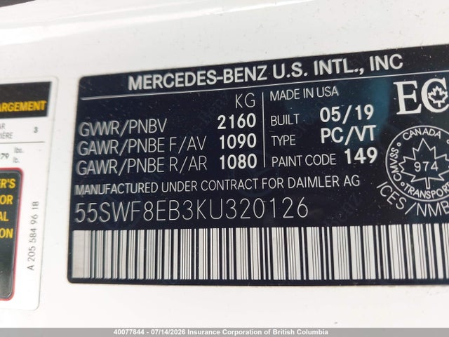 2019 Mercedes-benz C 300 4matic მანქანა იყიდება აუქციონზე, vin: 55SWF8EB3KU320126, აუქციონის ნომერი: 40077844