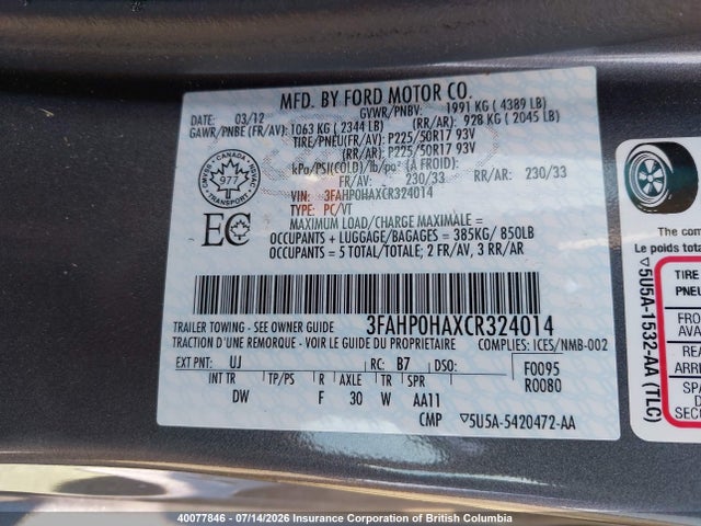 Продажа на аукционе авто 2012 Ford Fusion Se, vin: 3FAHP0HAXCR324014, номер лота: 40077846