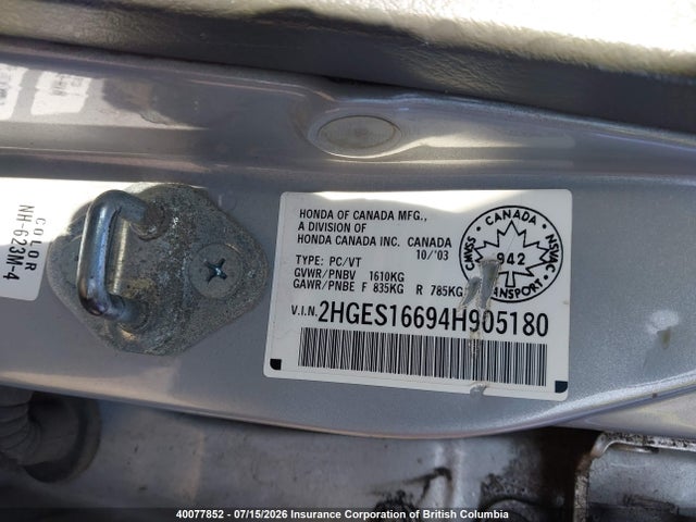 Продаж на аукціоні авто 2004 Honda Civic, vin: 2HGES16694H905180, номер лоту: 40077852