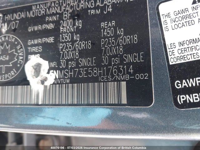 40076196 :رقم المزاد ، 5NMSH73E58H176314 vin ، 2008 Hyundai Santa Fe Se/limited مزاد بيع