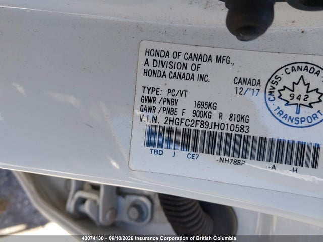 Honda CIVIC EX 2018 2HGFC2F89JH010583 Image 9