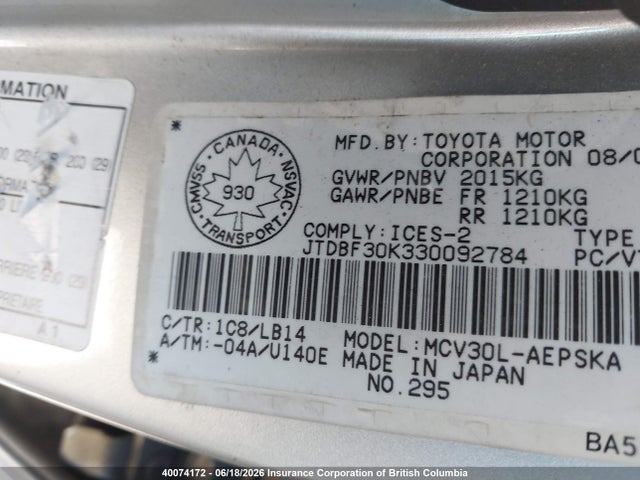 40074172 :رقم المزاد ، JTDBF30K330092784 vin ، 2003 Toyota Camry Le/xle مزاد بيع