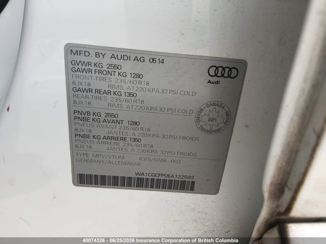 Aukcja sprzedaży 2014 Audi Sq5 Premium Plus, vin: WA1CGCFP0EA122593, numer aukcji: 40074326