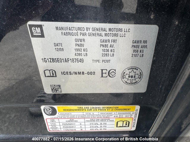 40077882 :رقم المزاد ، 1G1ZB5E01AF187649 vin ، 2010 Chevrolet Malibu Ls مزاد بيع