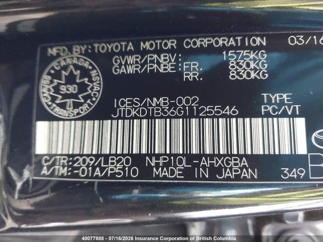 JTDKDTB36G1125546 Toyota Prius