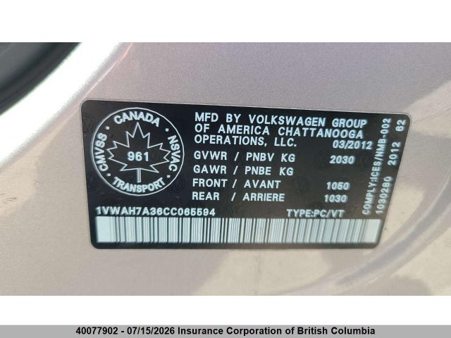 40077902 :رقم المزاد ، 1VWAH7A36CC065594 vin ، 2012 Volkswagen Passat 2.5l Trendline/2.5l Trendline+ مزاد بيع