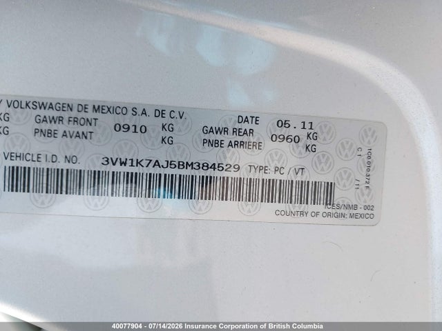 2011 Volkswagen Jetta მანქანა იყიდება აუქციონზე, vin: 3VW1K7AJ5BM384529, აუქციონის ნომერი: 40077904