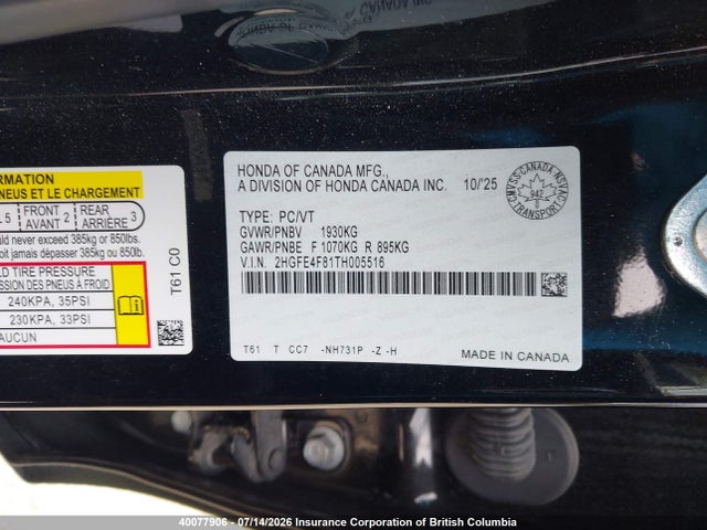 Aukcja sprzedaży 2026 Honda Civic, vin: 2HGFE4F81TH005516, numer aukcji: 40077906