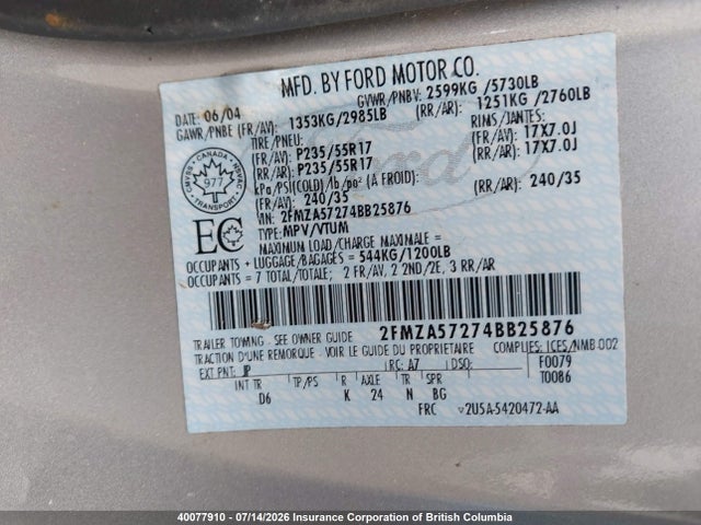 2004 Ford Freestar Ses მანქანა იყიდება აუქციონზე, vin: 2FMZA57274BB25876, აუქციონის ნომერი: 40077910