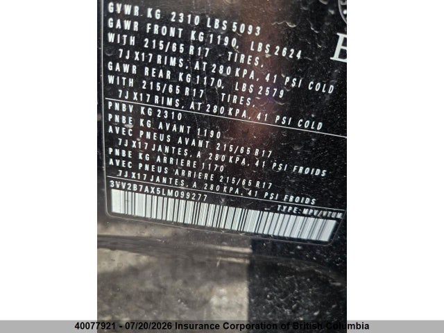 3VV2B7AX5LM099277 Volkswagen Tiguan Se/sel