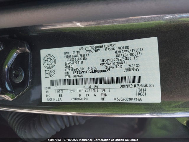 40077933 :رقم المزاد ، 1FTEW1EG4JFB90027 vin ، 2018 Ford F150 مزاد بيع