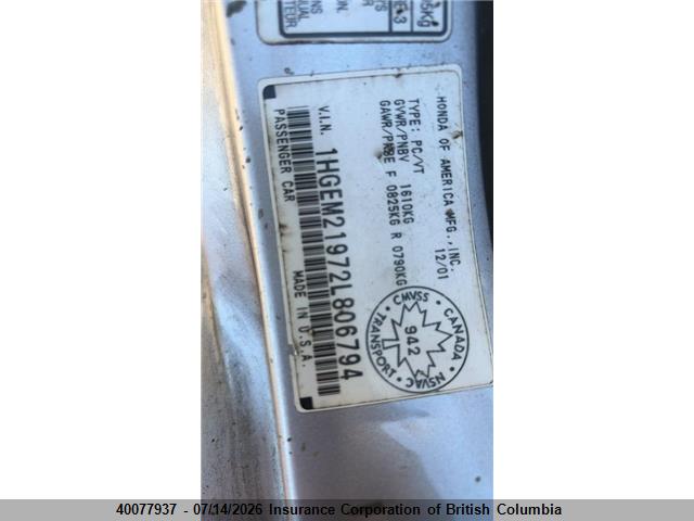 40077937 :رقم المزاد ، 1HGEM21972L806794 vin ، 2002 Honda Civic مزاد بيع