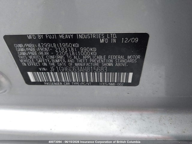 Продаж на аукціоні авто 2010 Subaru Impreza 2.5i, vin: JF1GH6C63AH815683, номер лоту: 40073094