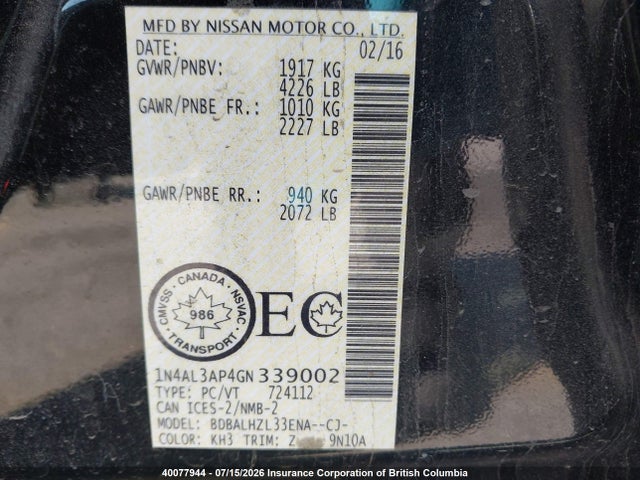 1N4AL3AP4GN339002 Nissan Altima 2.5/s/sv/sl/sr