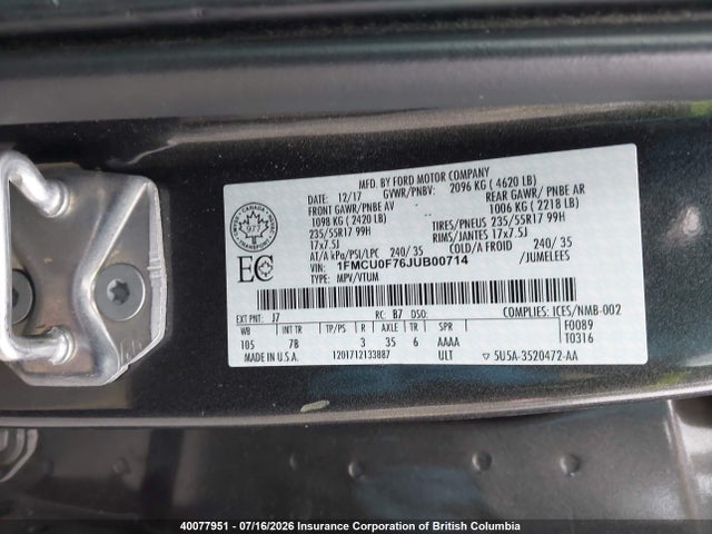 40077951 :رقم المزاد ، 1FMCU0F76JUB00714 vin ، 2018 Ford Escape S مزاد بيع