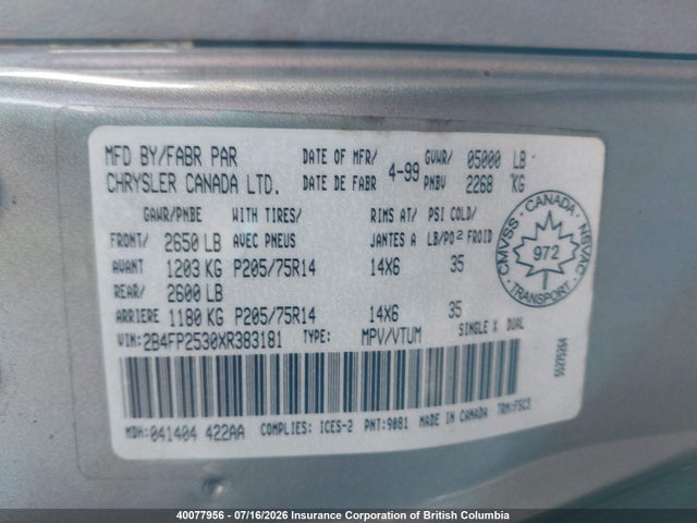 Продаж на аукціоні авто 1999 Dodge Caravan, vin: 2B4FP2530XR383181, номер лоту: 40077956
