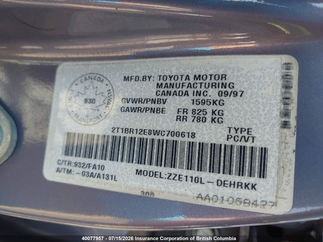 Aukcja sprzedaży 1998 Toyota Corolla Ve/ce/le, vin: 2T1BR12E8WC700618, numer aukcji: 40077957